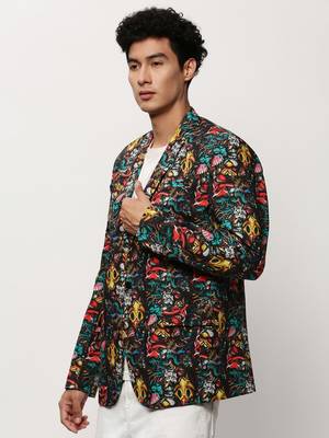 SHOWOFF Men's Notched Lapel Printed Black Single-Breasted Blazer 3