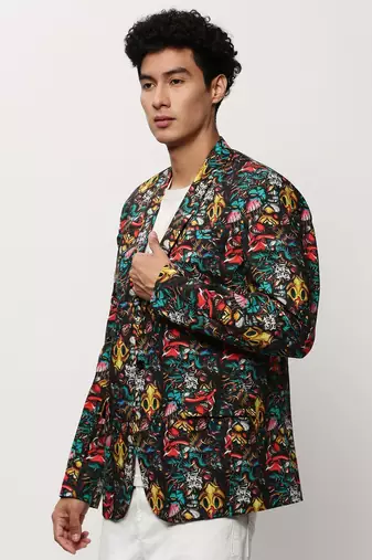 SHOWOFF Men's Notched Lapel Printed Black Single-Breasted Blazer