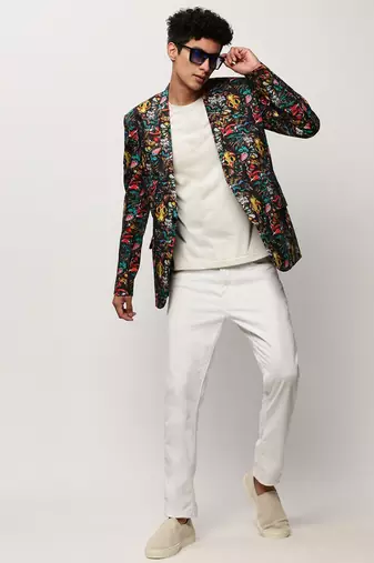 SHOWOFF Men's Notched Lapel Printed Black Single-Breasted Blazer