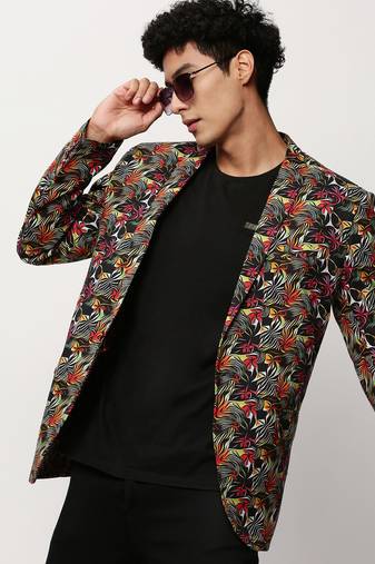Men's Notched Lapel Printed Black Single-Breasted Blazer
