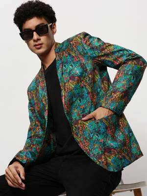 SHOWOFF Men's Notched Lapel Printed Turquoise Blue Single-Breasted Blazer 1