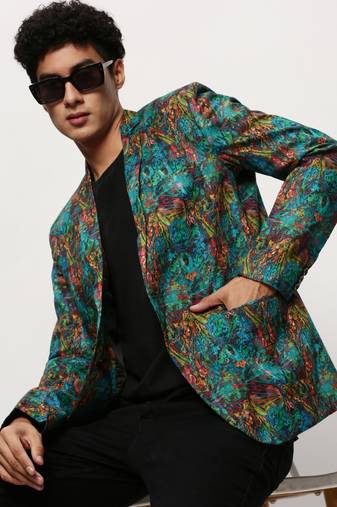 SHOWOFF Men's Notched Lapel Printed Turquoise Blue Single-Breasted Blazer