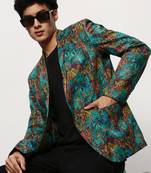 SHOWOFF Men's Notched Lapel Printed Turquoise Blue Single-Breasted Blazer