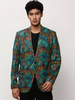 SHOWOFF Men's Notched Lapel Printed Turquoise Blue Single-Breasted Blazer 2