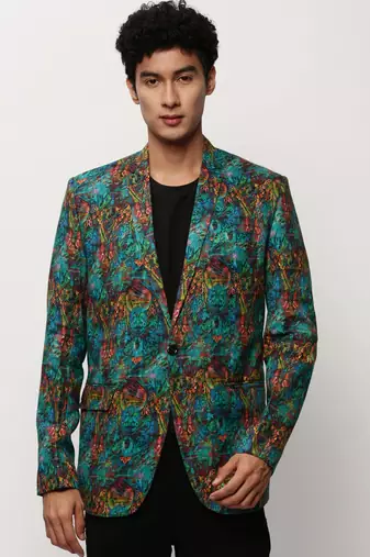 SHOWOFF Men's Notched Lapel Printed Turquoise Blue Single-Breasted Blazer