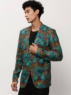 SHOWOFF Men's Notched Lapel Printed Turquoise Blue Single-Breasted Blazer 3
