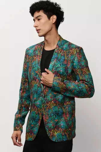 SHOWOFF Men's Notched Lapel Printed Turquoise Blue Single-Breasted Blazer