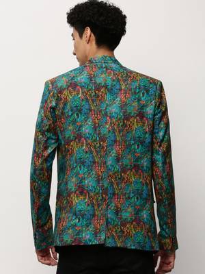 SHOWOFF Men's Notched Lapel Printed Turquoise Blue Single-Breasted Blazer 4