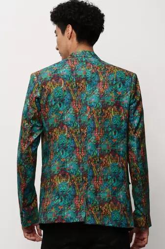SHOWOFF Men's Notched Lapel Printed Turquoise Blue Single-Breasted Blazer