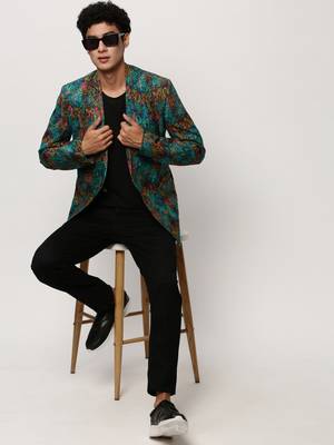 SHOWOFF Men's Notched Lapel Printed Turquoise Blue Single-Breasted Blazer 5