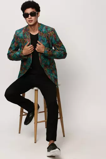 SHOWOFF Men's Notched Lapel Printed Turquoise Blue Single-Breasted Blazer