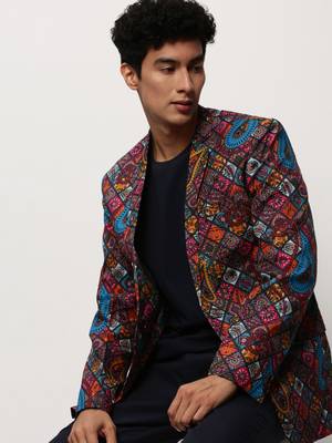SHOWOFF Men's Notched Lapel Printed Multi Single-Breasted Blazer 1