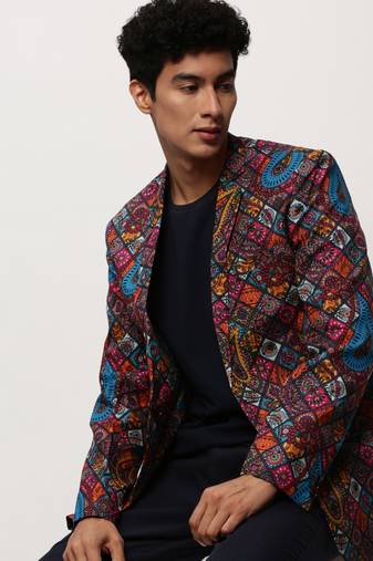 SHOWOFF Men's Notched Lapel Printed Multi Single-Breasted Blazer