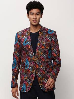 SHOWOFF Men's Notched Lapel Printed Multi Single-Breasted Blazer 2