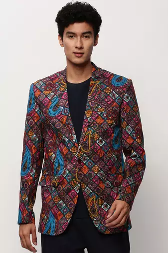 SHOWOFF Men's Notched Lapel Printed Multi Single-Breasted Blazer