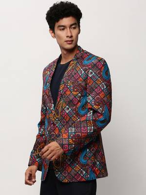 SHOWOFF Men's Notched Lapel Printed Multi Single-Breasted Blazer 3