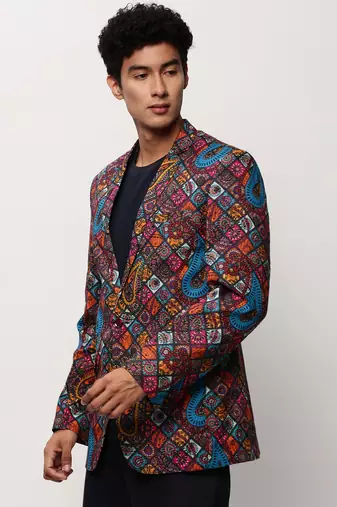 SHOWOFF Men's Notched Lapel Printed Multi Single-Breasted Blazer