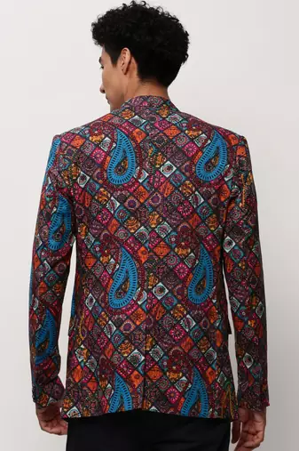 SHOWOFF Men's Notched Lapel Printed Multi Single-Breasted Blazer