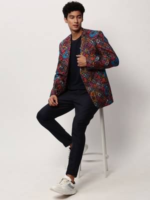 SHOWOFF Men's Notched Lapel Printed Multi Single-Breasted Blazer 5