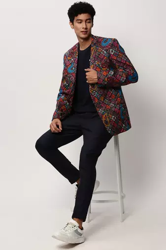 SHOWOFF Men's Notched Lapel Printed Multi Single-Breasted Blazer