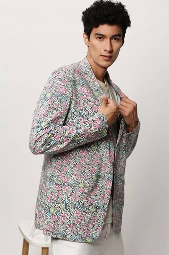 Men's Notched Lapel Printed White Single-Breasted Blazer