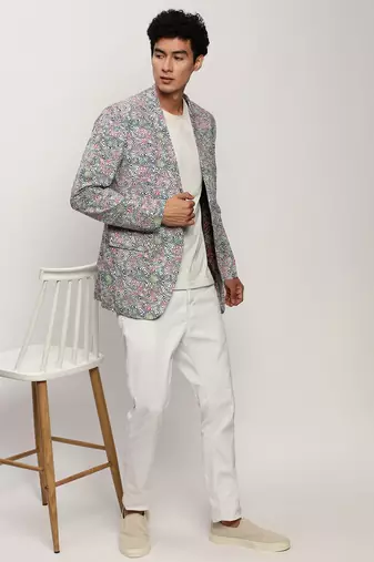 men's notched lapel printed multicolour single-breasted blazer