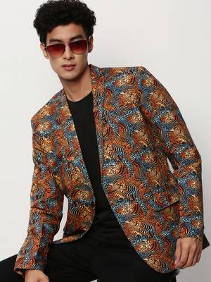 Men's Notched Lapel Printed Orange Single-Breasted Blazer 1