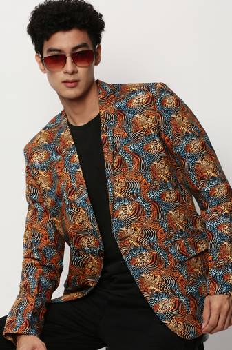 Men's Notched Lapel Printed Orange Single-Breasted Blazer