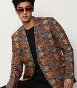 Men's Notched Lapel Printed Orange Single-Breasted Blazer
