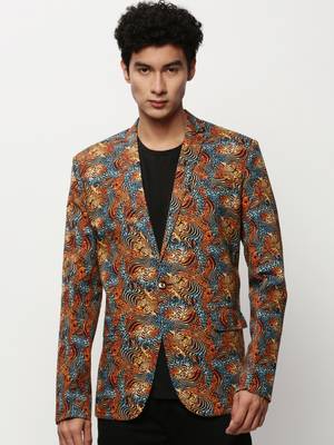 Men's Notched Lapel Printed Orange Single-Breasted Blazer 2