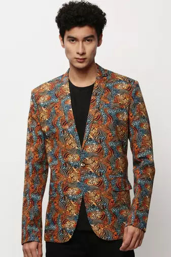 Men's Notched Lapel Printed Orange Single-Breasted Blazer