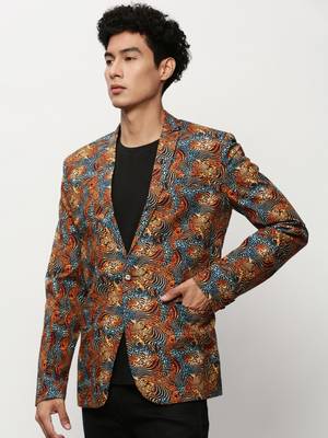 Men's Notched Lapel Printed Orange Single-Breasted Blazer 3