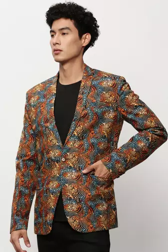 Men's Notched Lapel Printed Orange Single-Breasted Blazer