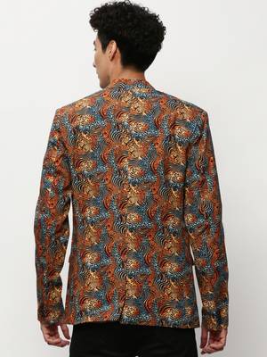 Men's Notched Lapel Printed Orange Single-Breasted Blazer 4