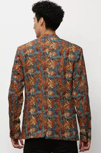 Men's Notched Lapel Printed Orange Single-Breasted Blazer