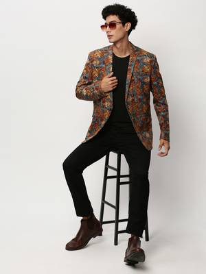 Men's Notched Lapel Printed Orange Single-Breasted Blazer 5