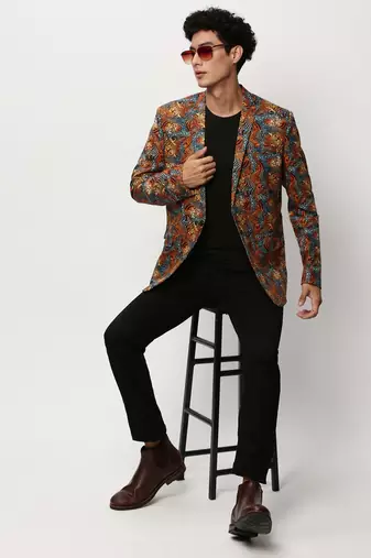Men's Notched Lapel Printed Orange Single-Breasted Blazer
