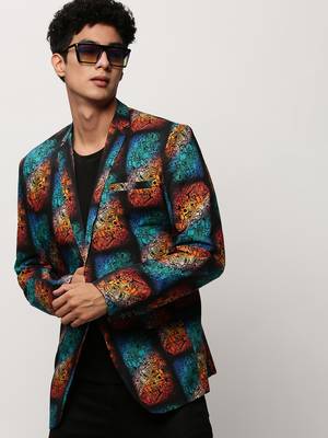 SHOWOFF Men's Notched Lapel Printed Black Single-Breasted Blazer 1