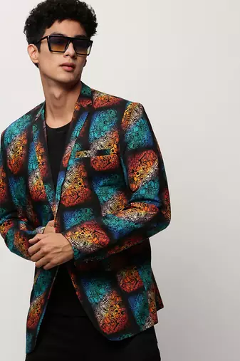 SHOWOFF Men's Notched Lapel Printed Black Single-Breasted Blazer