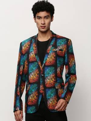 SHOWOFF Men's Notched Lapel Printed Black Single-Breasted Blazer 2