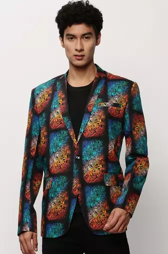 SHOWOFF Men's Notched Lapel Printed Black Single-Breasted Blazer