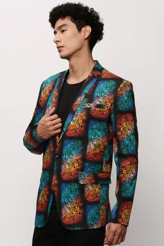 SHOWOFF Men's Notched Lapel Printed Black Single-Breasted Blazer
