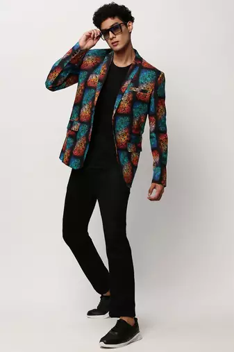SHOWOFF Men's Notched Lapel Printed Black Single-Breasted Blazer