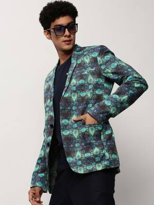 Men's Notched Lapel Printed Turquoise Blue Single-Breasted Blazer 1