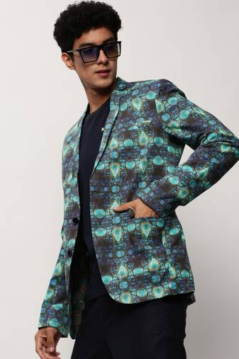 Men's Notched Lapel Printed Turquoise Blue Single-Breasted Blazer