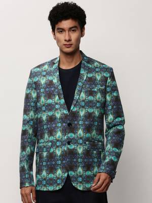 Men's Notched Lapel Printed Turquoise Blue Single-Breasted Blazer 2