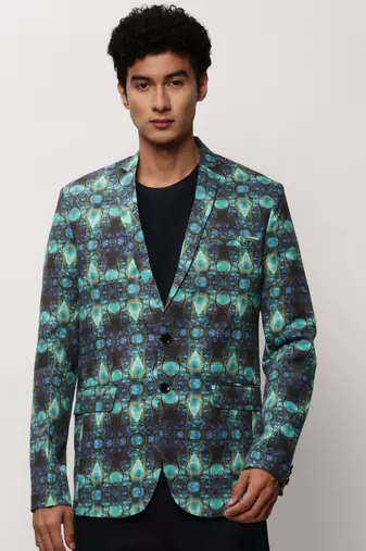 Men's Notched Lapel Printed Turquoise Blue Single-Breasted Blazer
