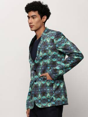 Men's Notched Lapel Printed Turquoise Blue Single-Breasted Blazer 3