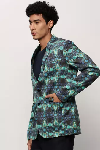 Men's Notched Lapel Printed Turquoise Blue Single-Breasted Blazer