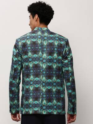 Men's Notched Lapel Printed Turquoise Blue Single-Breasted Blazer 4